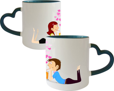 

Thirsty Guys Love Couple Inner Blue Ceramic Mug(325 ml), Multicolor