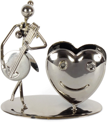 Jewel Fuel 1 Compartments Iron Lady Musician Playing Banjo and Heart Shape Pen Stand Showpiece(Black Chrome)