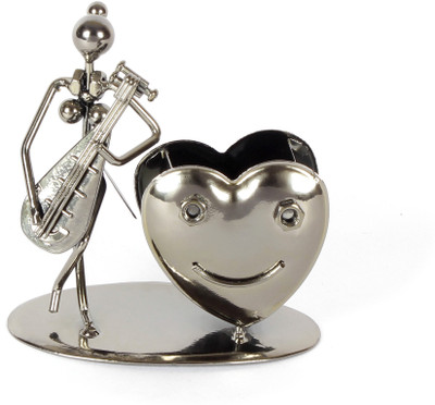 

Jewel Fuel 1 Compartments Iron Lady Musician Playing Lute and Heart Shape Pen Stand Showpiece(Black Chrome)