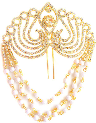 AASHYA MAYRO BAAHUBALI INSPIRED CZ DIAMOND AND PEARLS GOLDEN BRIDAL HAIR / BUN CLIP TIARA Hair Clip, Hair Chain, Bun Stick, Hair Pin, Back Pin(Gold)