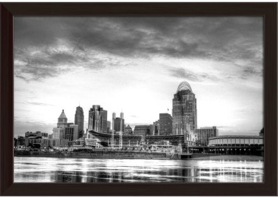 Artzfolio Cincinnati Ohio Skyline, As Seen From The Riverbank In Newport Kentucky, USA Framed Wall Art Painting Print Canvas 12 inch x 17 inch Painting(With Frame)