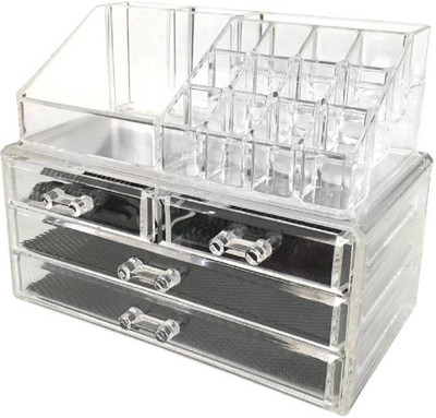 

Sukot Acrylic Organizer 4 Drawers Cosmetic And Jewelry Holder Makeup Brush Eyeliner Lipsticks Nail paints Storage Storage Vanity Box(Clear transparent)