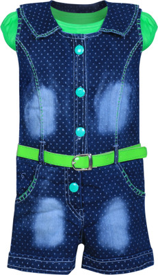 

mkb Romper For Girls Casual Solid Denim(Green, Pack of 1, Blue and green
