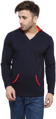 

Leana Solid Men's Hooded Blue T-Shirt, Navy-red 1
