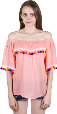 Papsara Casual Half Sleeve Lace Women Pink Top