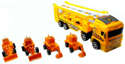 

HALO NATION Off Road Transporter Trailer 1:32 Childrens Kids Friction Toy Truck Ready To Run W/ 4 Toy JCB, No Batteries Required(Yellow)