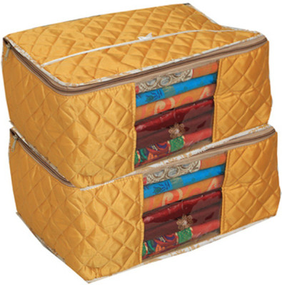 KUBER INDUSTRIES Designer Saree Cover/Wardrobe Organiser/Regular Clothes Bag Set Of 2 Pcs In Quilted Golden Satin Material KU00253 Golden KUBER INDUST