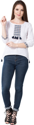 AANIA Casual Regular Sleeve Embroidered Women White Top