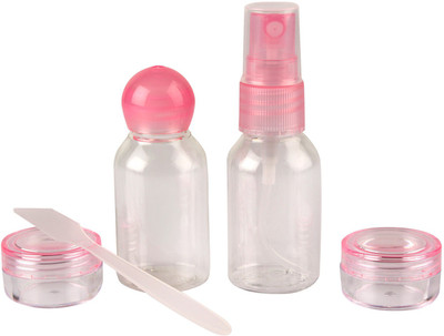 HOKIPO Multipurpose Cosmetic Toiletries Pouch Kit with 2 Empty Refillable Bottles and Jars - Travel Toiletry Kit(Pink, White)