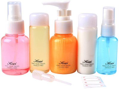 

HOKIPO Clear Plastic Refillable Cosmetic Spray Bottles Set with Zip Lock Pouch, 7 Pieces- [Airline Carry-On Approved] Travel Toiletry Kit(White)