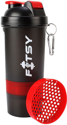 

FITSY Protein Gym Bottle with 2 Storage Compartments Cups- 500 ml Shaker(Pack of 1, Black, Red)