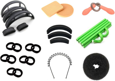 

Out Of Box Super Combo Set of 5 Hair Bumpit Puff Bumpits 3 Pieces Banana Hair Volumizer with Donut Bun Maker 10 Pieces Self Holing Flexi Roller with Facial Hair Threading Epilator Spring It 10 Piece Black Ribbed Elastic Rubber Band with 2 Make up Puffs an