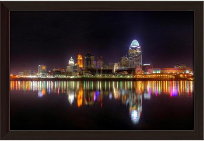 Artzfolio Cincinnati Ohio Skyline, As Seen From The Riverbank In Newport Kentucky, USA Framed Wall Art Painting Print Canvas 12 inch x 17.3 inch Painting(With Frame)