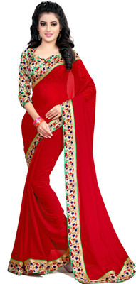 Laddeez Solid Bollywood Chiffon Saree(Red)