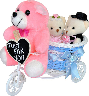 

Pingaksh Crafty Collection pink teddy with newly wedding couple on cycle - 16.5 cm(Pink, Cream), Cream;pink