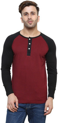 

Leana Solid Men' Henley Maroon, Black T-Shirt, Maroon-black 1