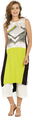 W Women Printed Straight Kurta(White, Green)