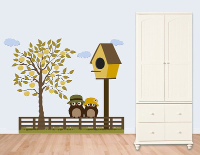 Asmi Collections 100 cm Stylish Owls with Cap Near an Apple Tree Removable Sticker(Pack of 1)