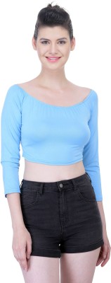 N-gal Casual 3/4 Sleeve Solid Women Blue Top