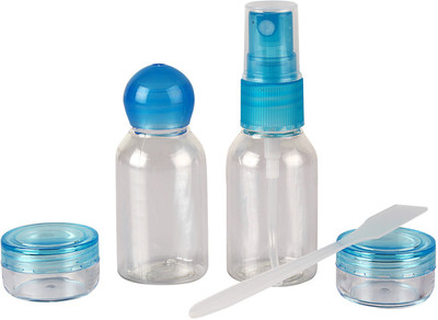 

HOKIPO Multipurpose Toiletries Pouch Kit with 2 Empty Refillable Bottles and Jars - Travel Toiletry Kit(Blue, White)