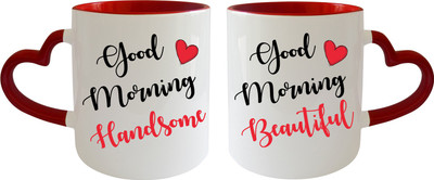 

Thirsty Guys Good Morning Beautiful And Handsome Heart Shape Handle Inner red Couple Ceramic Mug(325 ml, Pack of 2), Multicolor