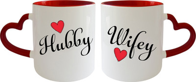 

Thirsty Guys Hubby And Wifey Heart Shape Handle Inner red Couple Ceramic Mug(325 ml, Pack of 2), Multicolor