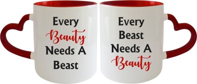 

Thirsty Guys Every Beast Needs A Beauty and Every Beauty Needs A Beast Heart Shape Handle Inner red Couple Ceramic Mug(325 ml, Pack of 2), Multicolor