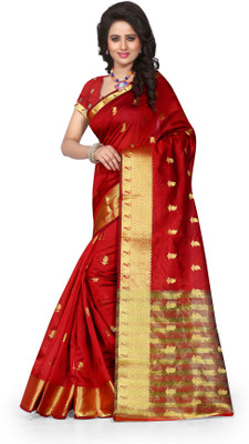 Pehnava Self Design Banarasi Polycotton Saree(Red)