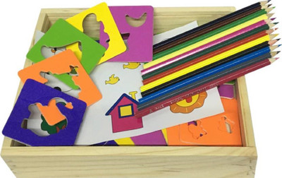 

Montez Wooden Drawing Stencils Art Set for Kids with 30 Shapes Awesome Kit & Travel Activity for Children with Wooden Box
