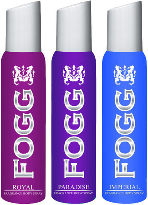Fogg FOGG IMPERIAL DEODORANT + FOGG ROYAL DEODORANT + FOGG PARADISE DEODORANT FOR WOMEN Body Spray - For Men & Women(120 ml, Pack of 3) available at flipkart for Rs.660