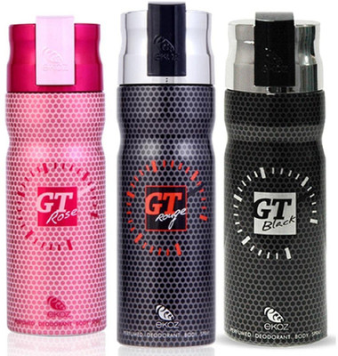 

Ekoz GT BLACK, ROUGE AND ROSE DEODORANT COMBO (PACK OF 3) Body Spray - For Men & Women(200 ml, Pack of 2)