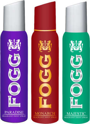 Fogg FOGG MONARCH DEODORANT + FOGG MAJESTIC DEODORANT + FOGG PARADISE DEODORANT FOR WOMEN Body Spray - For Men & Women(120 ml, Pack of 3) available at flipkart for Rs.660