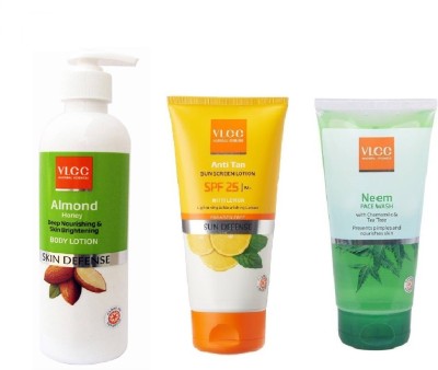 VLCC COMBO OF NEEM FACE-WASH (150ML), ANTI-TAN SUNSCREEN LOTION SPF +25 (150ML) & ALMOND BODY LOTION (350ML)(3 Items in the set)