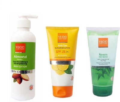 

VLCC COMBO OF NEEM FACE-WASH (150ML), ANTI-TAN SUNSCREEN LOTION SPF +25 (150ML) & ALMOND BODY LOTION (350ML)(Set of 3)