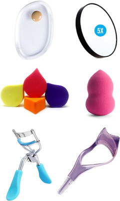 

Out Of Box Pure Silicone Jelly Liquid Foundation Applicator With 5X Magnification Makeup Mirror With Imported Make Up Blending Cosmetic Powder Sponge Puff 4 Pieces With One Beauty Blender And Professional Eyelash Curler With Maskara Applicator Tool(Set of