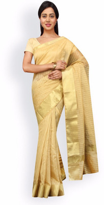 

Pavechas Striped Banarasi Silk Cotton Blend Saree(Beige