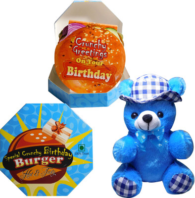 

Siddhi Gifts Happy Birthday Gifts - Happy Birthday Burger Shape Greeting Card With Soft Teddy (Blue)(Set of 1)