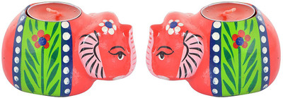 

HOUZZPLUS Wooden Elephant Shape with Candles, home Decor, decorative showpiece Earthenware Candle Holder(Red, Pack of 2)