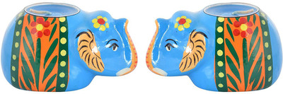 

HOUZZPLUS Wooden Elephant Shape Candle Holders with Candles, home Decor, decorative showpiece Earthenware Candle Holder(Blue, Pack of 2)