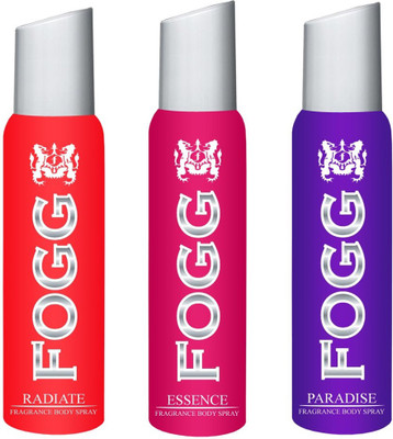 Fogg FOGG (RADIATE + DELICIOUS + PARADISE) DEODORANT FOR WOMEN (120 ML) Body Spray - For Women(120 ml, Pack of 3) available at flipkart for Rs.660