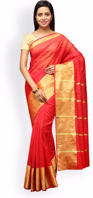

Pavechas Solid Banarasi Cotton, Silk Saree(Red)