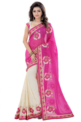 ARSHIMPEX Embroidered, Embellished Bollywood Poly Georgette Saree(Pink, Cream)