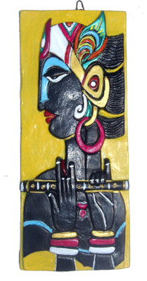 

Rasoh village hand artz decorative colorful krisha playing flute wall hanging mask Decorative Showpiece - 27 cm(Terracotta, Multicolor)