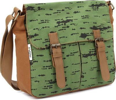 

People Women Casual Tan, Black, Green Canvas Sling Bag, Black;green;tan