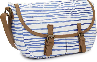 

People Women Casual White, Blue Canvas Sling Bag, Blue;white