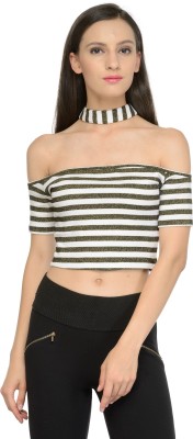 Zastraa Casual Half Sleeve Striped Women White Top