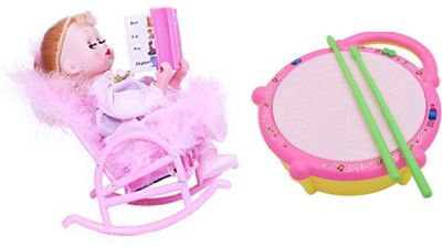 

MN OVERSEAS Musical Book Reading Doll with Flash light Drum(Pink)
