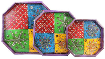 APKAMART Handicraft Colourful Wooden Serving Platter Set of 3- Utility Article and Gift Tray Set(Pack of 3)