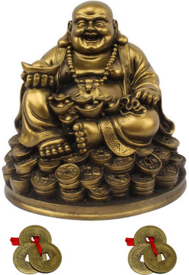 

Kraft Village Laughing Buddha Sitting on Lucky Coins Carrying Ingot for Good Luck Decorative Showpiece - 13 cm(Polyresin, Multicolor)