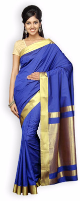 

Pavechas Solid Banarasi Silk Cotton Blend Saree(Blue, Purple
